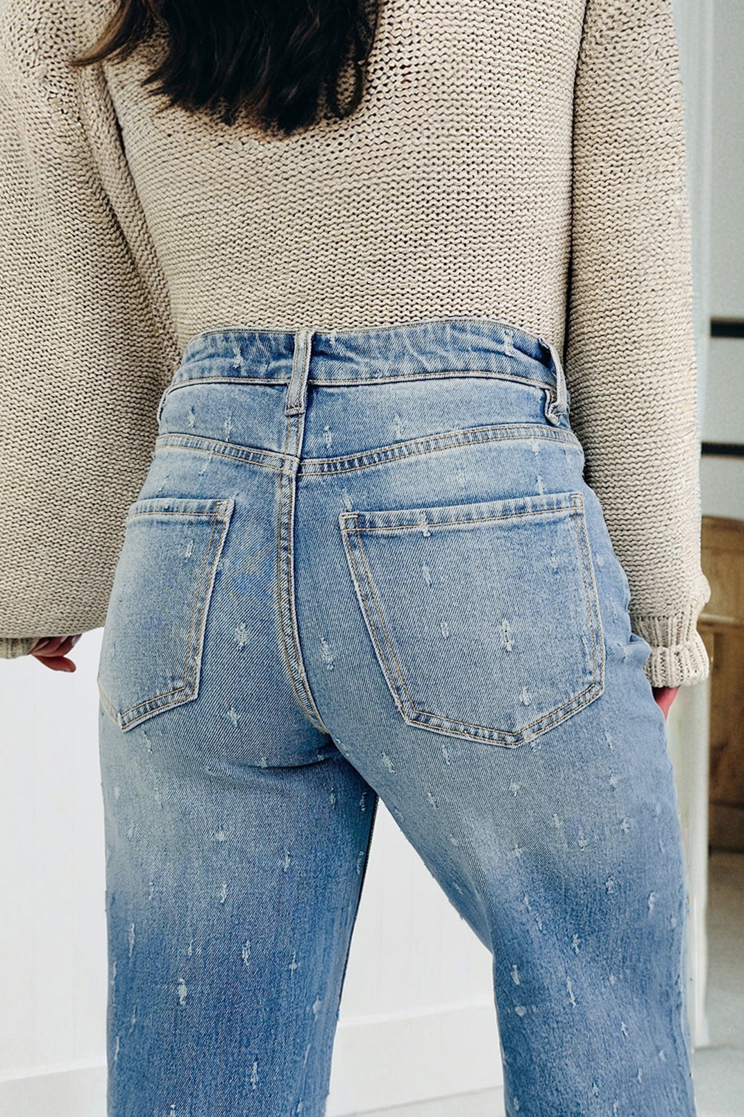 Mist Blue Distressed Detail Tummy Control Raw Hem Jeans