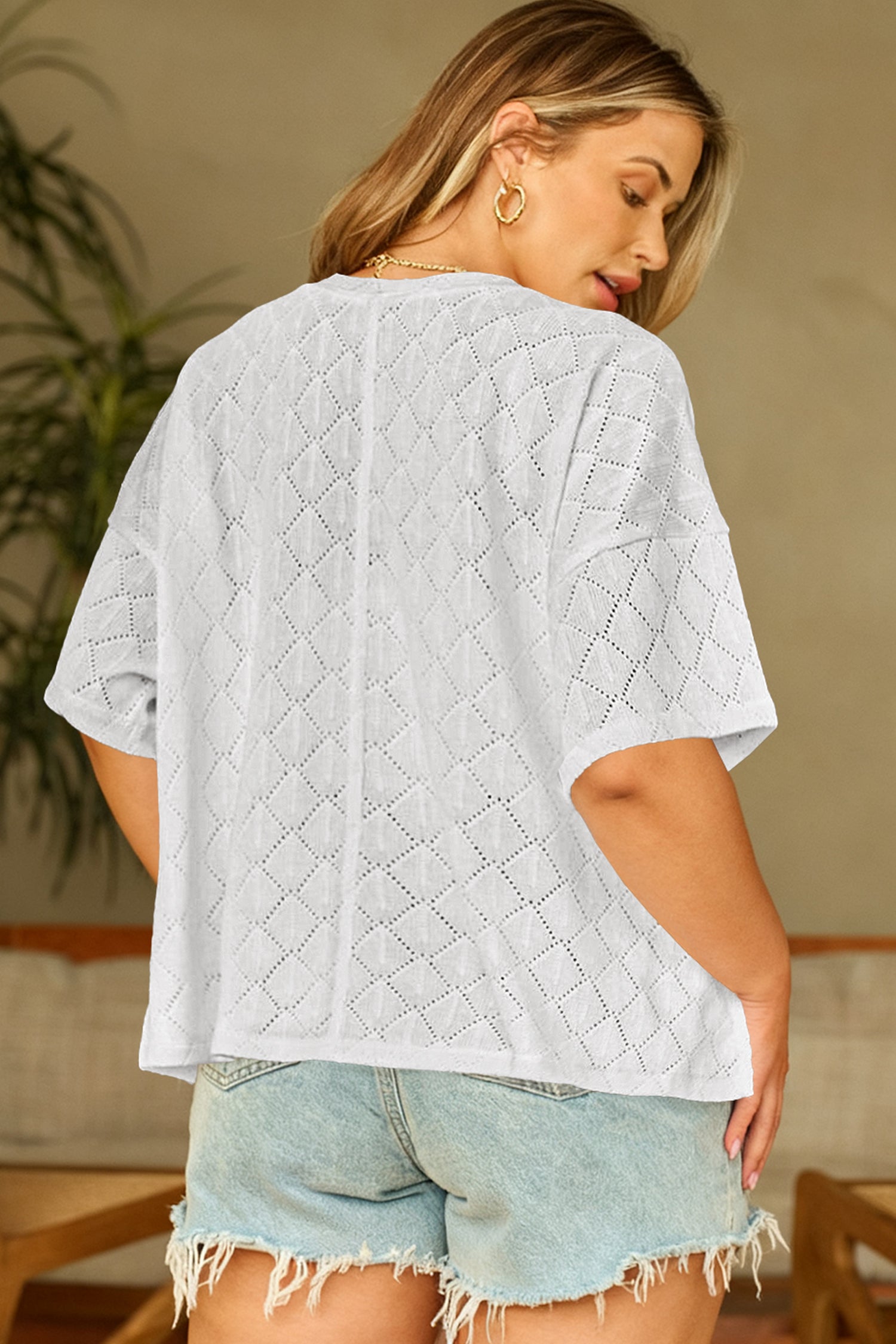 Sky Blue Pointelle Rhombus Knit Plus Size V Neck Loose Top