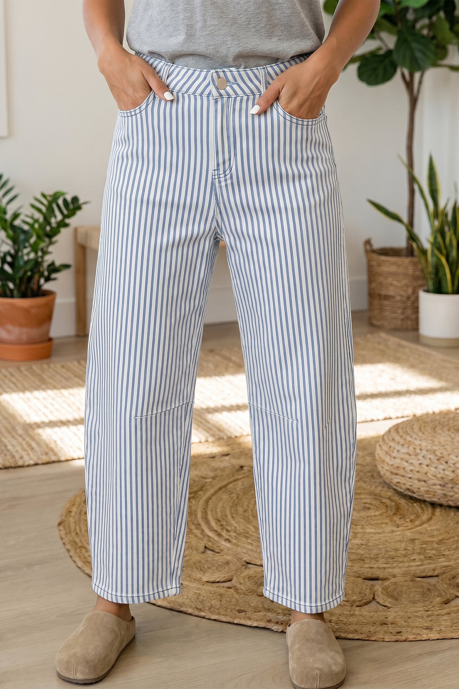 Khaki Stripe Casual Barrel Jeans