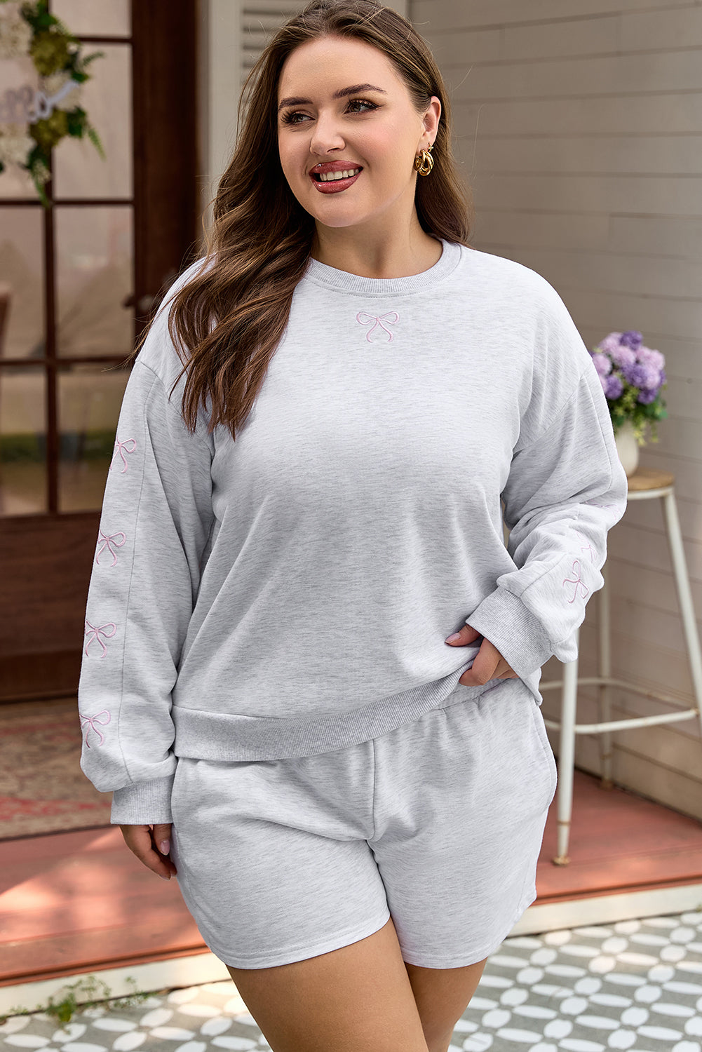 Light Grey Girly Bow Embroidered Puff Sleeve Pullover Loose Shorts Plus 2pcs Outfit