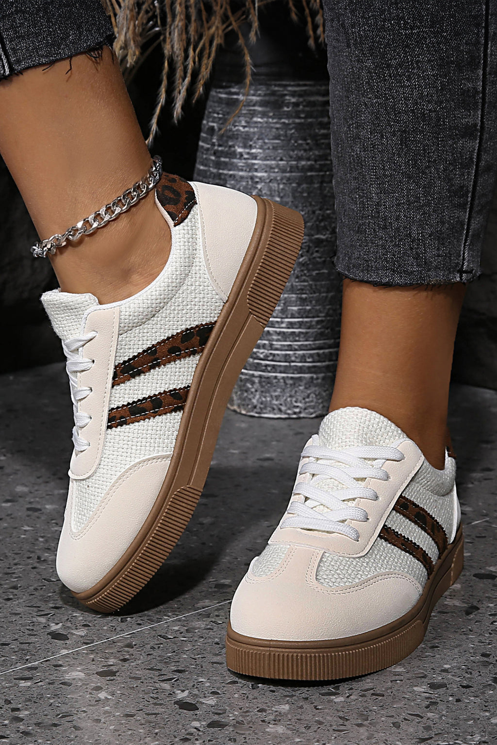 White Textured Woven PU Leather Leopard Patchwork Flat Sneakers