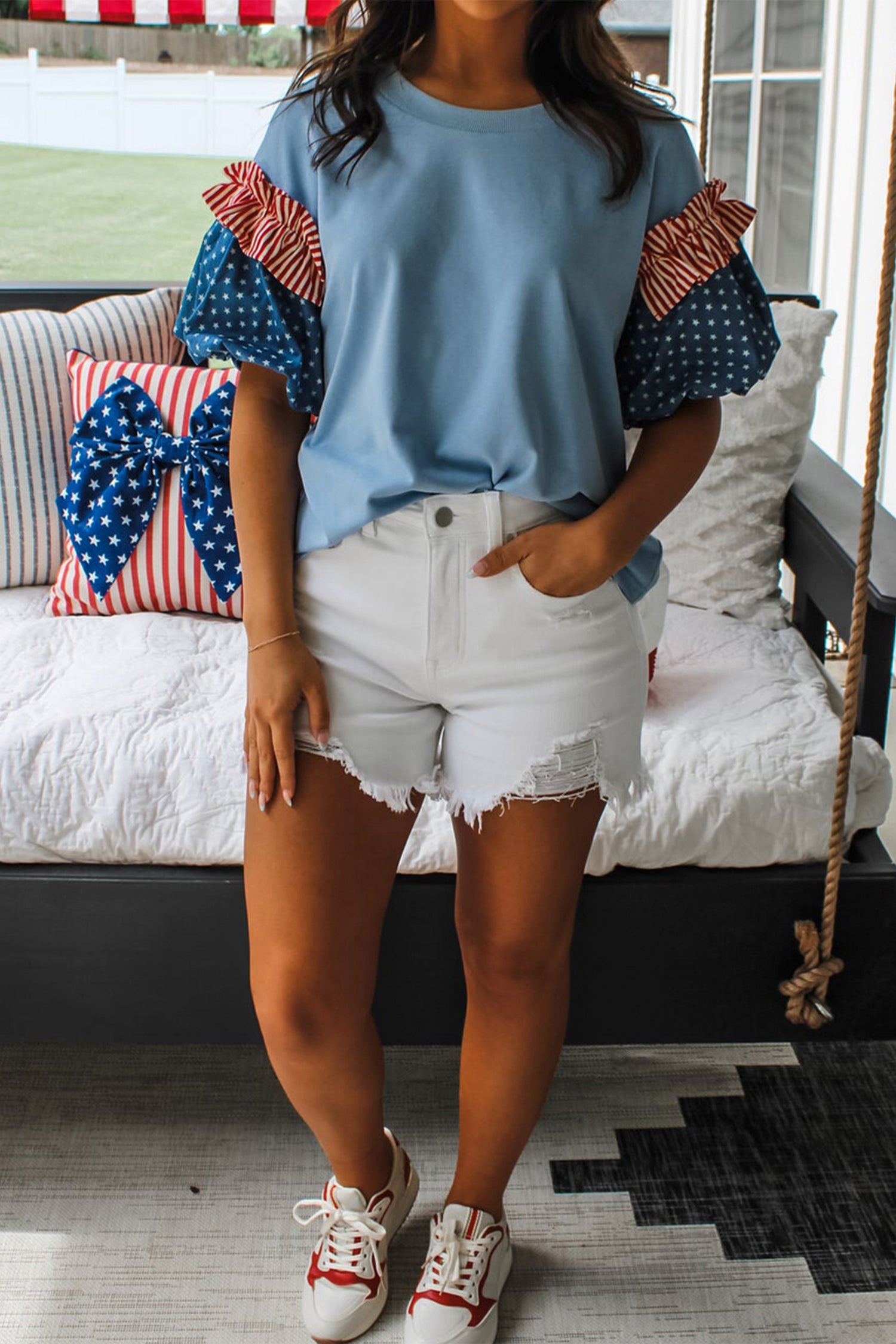 Fiery Red Stars Stripes Short Puff Sleeve Top