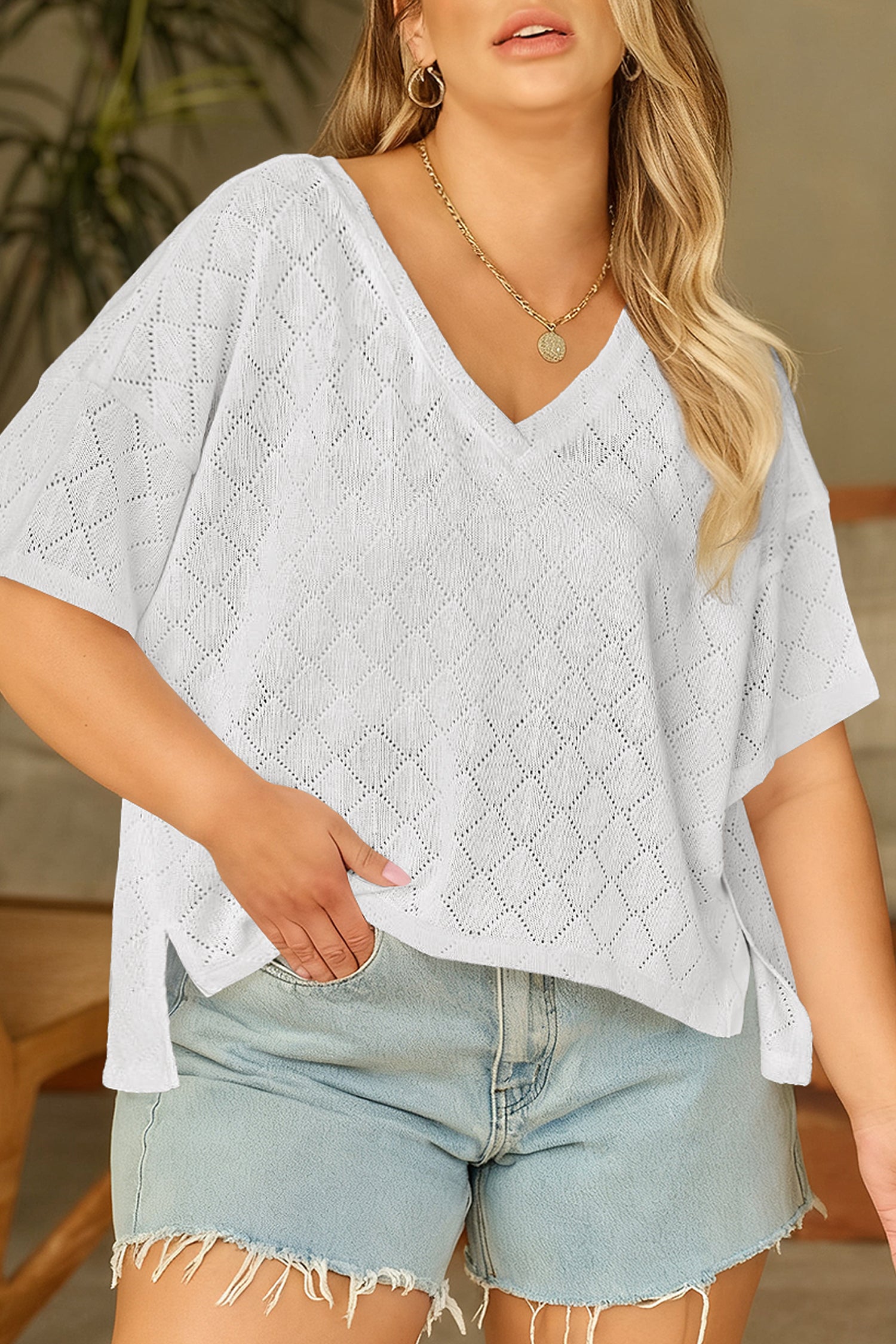 Sky Blue Pointelle Rhombus Knit Plus Size V Neck Loose Top